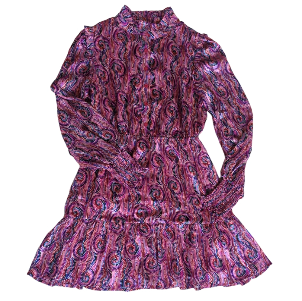 TCEC Abstract Ruffle Hem Mock Neck LIned Dress MEDIUM Purple Pink